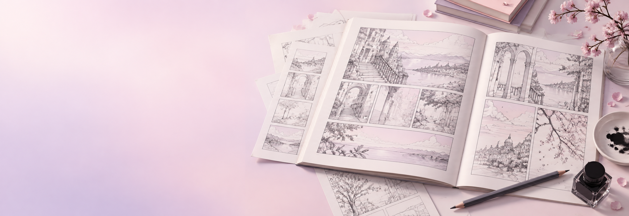 粉白桌面上展开的原创分镜画稿、铅笔与墨水，作为漫画阅读方法的主视觉